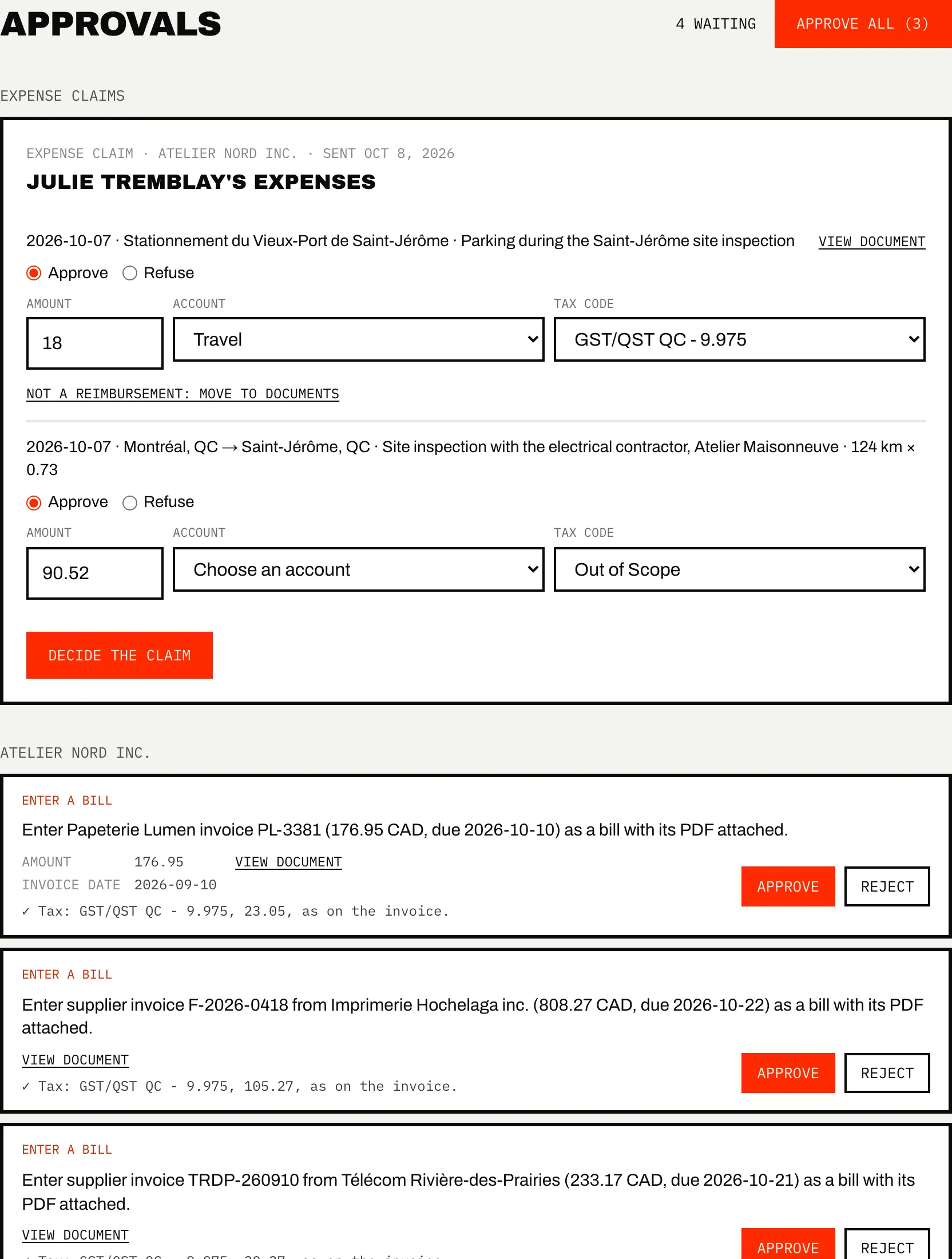 Approvals page with supplier invoices proposed as bills, each with its tax and PDF