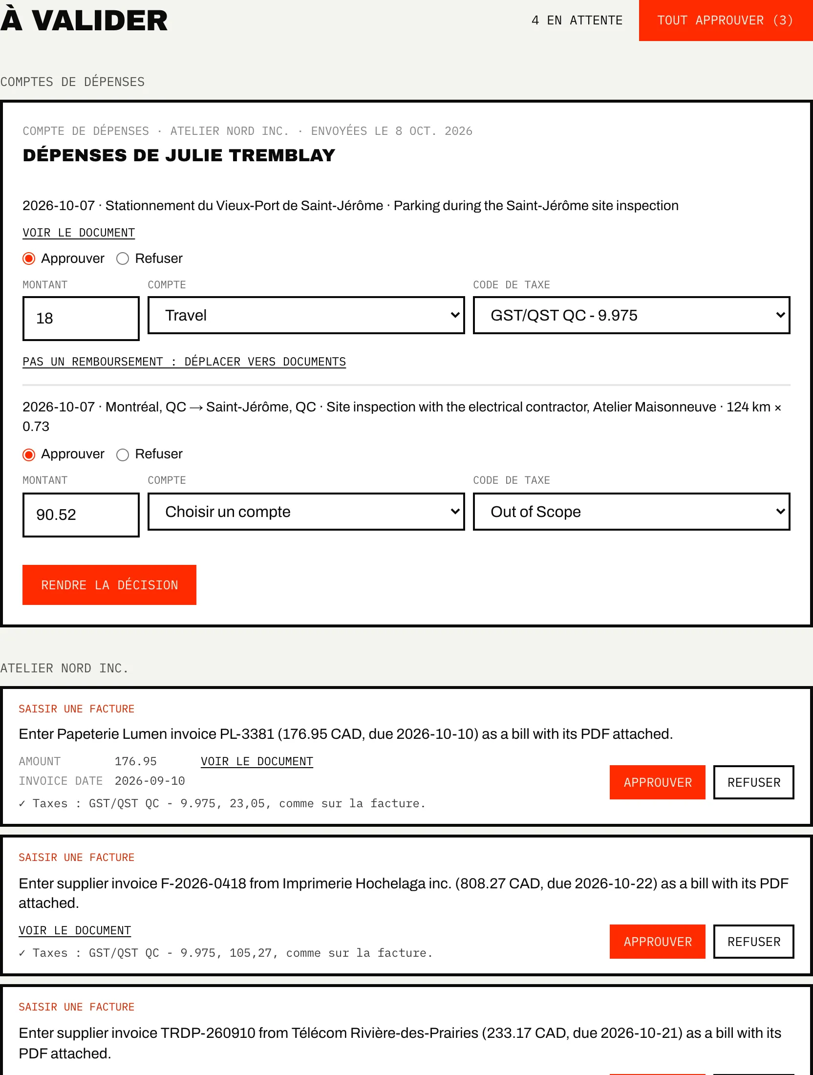 Page À valider groupée par entreprise, avec un compte de dépenses et des factures d'achat en attente