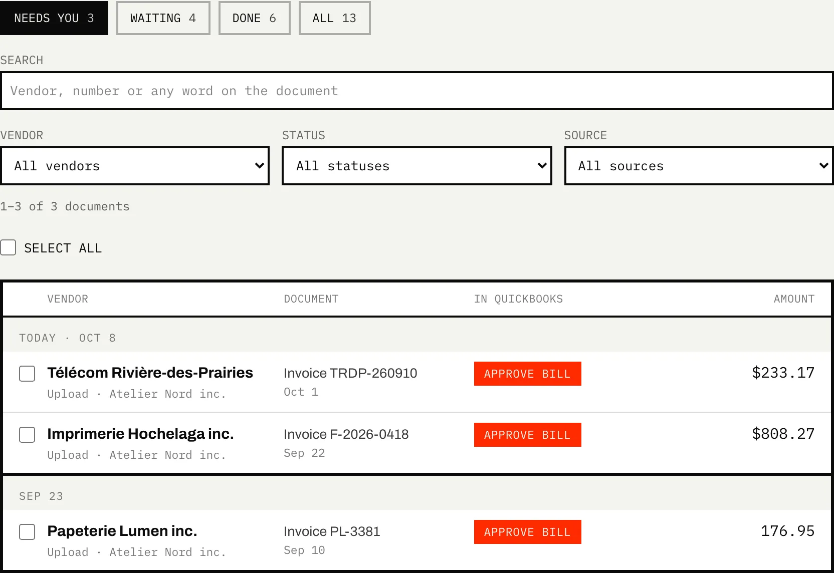 Document box listing invoices by vendor, number and amount, grouped by who acts next