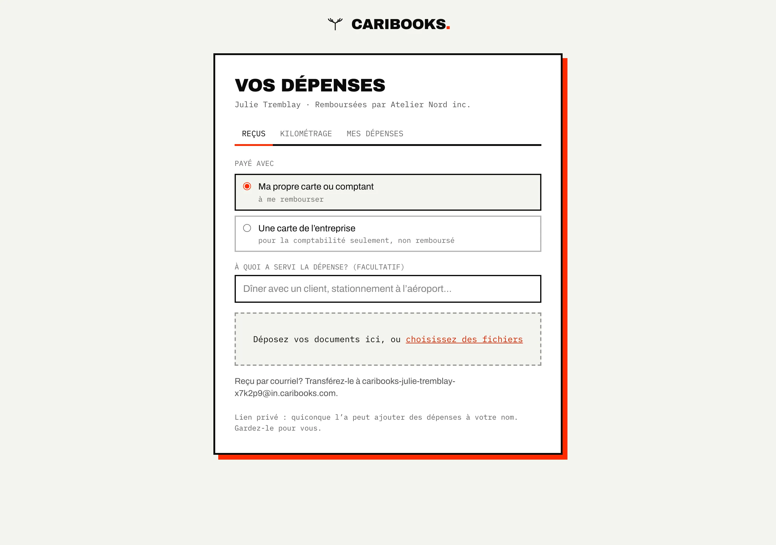 La page d'une personne pour ajouter ses reçus et ses trajets, sans connexion