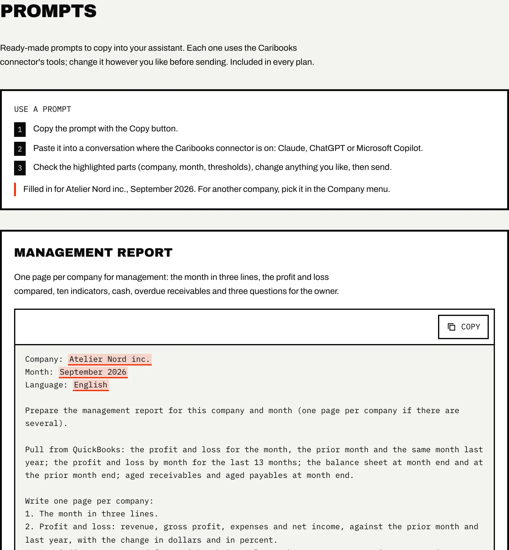 The portal's prompt library with ready-made requests to copy into the assistant