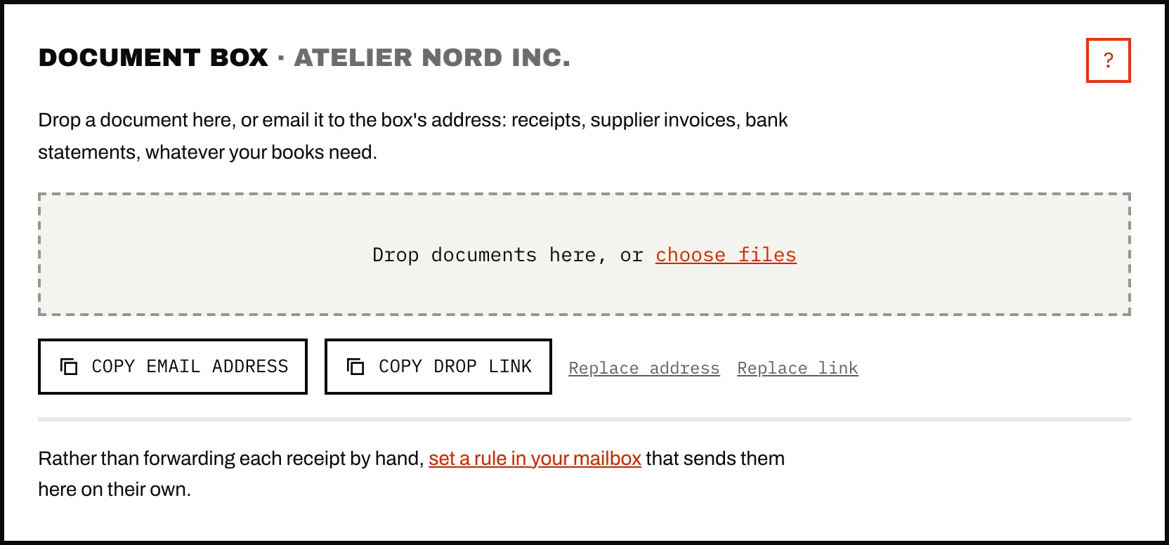 A client company's document box with its own email address and drop link