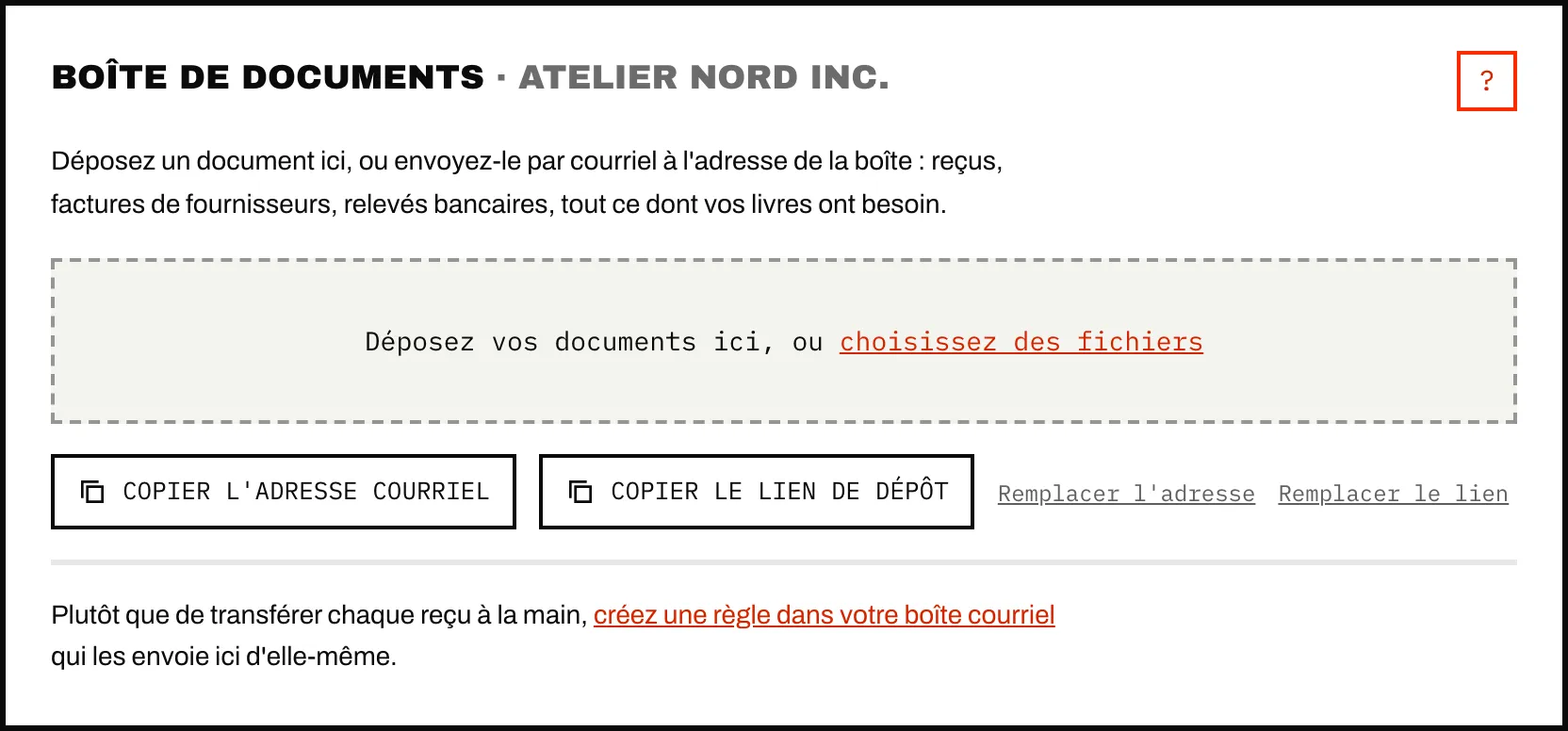 La boîte de documents d'une entreprise cliente, avec sa propre adresse courriel et son lien de dépôt