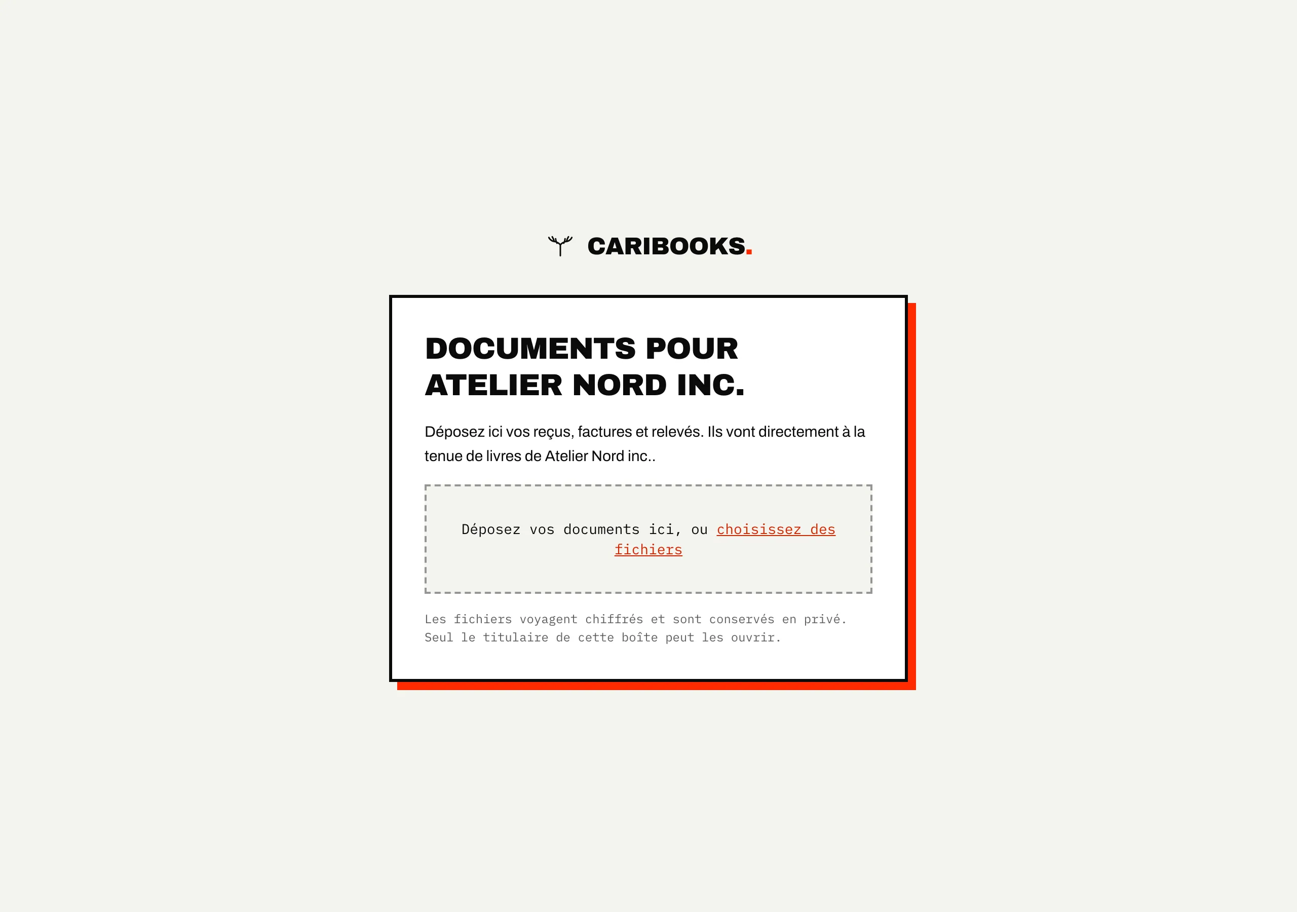 La page de dépôt d'un client : documents pour Atelier Nord inc., avec une zone de dépôt et sans connexion