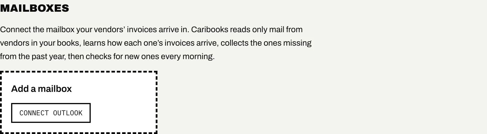 The Vendors page with a Connect Outlook button under Add a mailbox