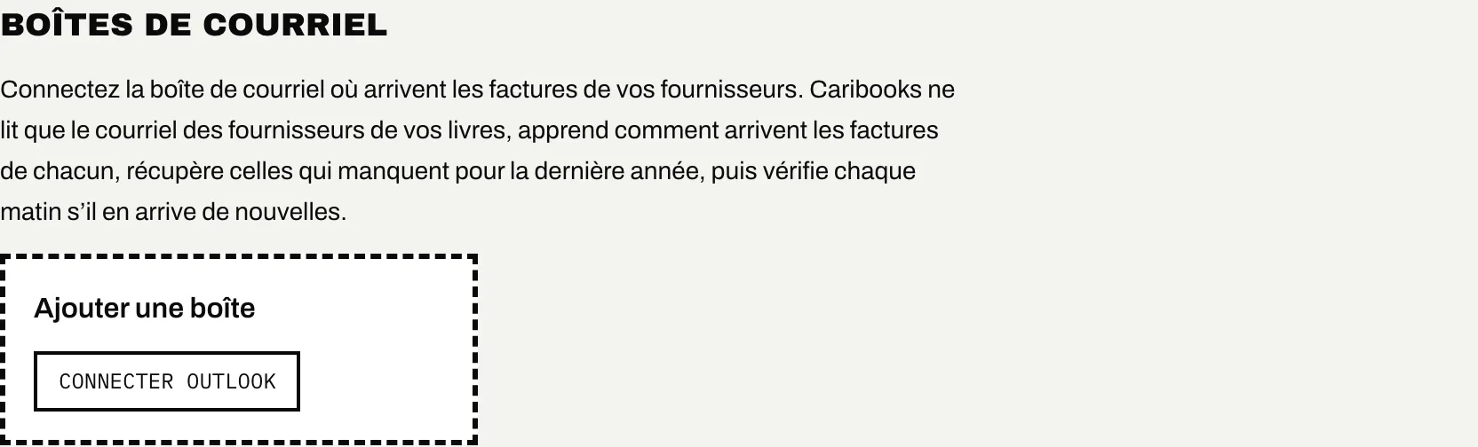 La page Fournisseurs avec le bouton pour connecter Outlook sous Ajouter une boîte de courriel