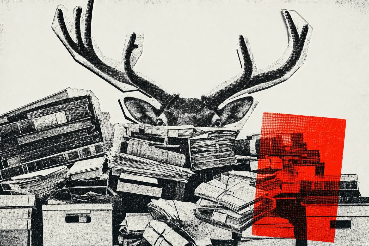 Caribou peeking over a pile of ledgers and archive boxes