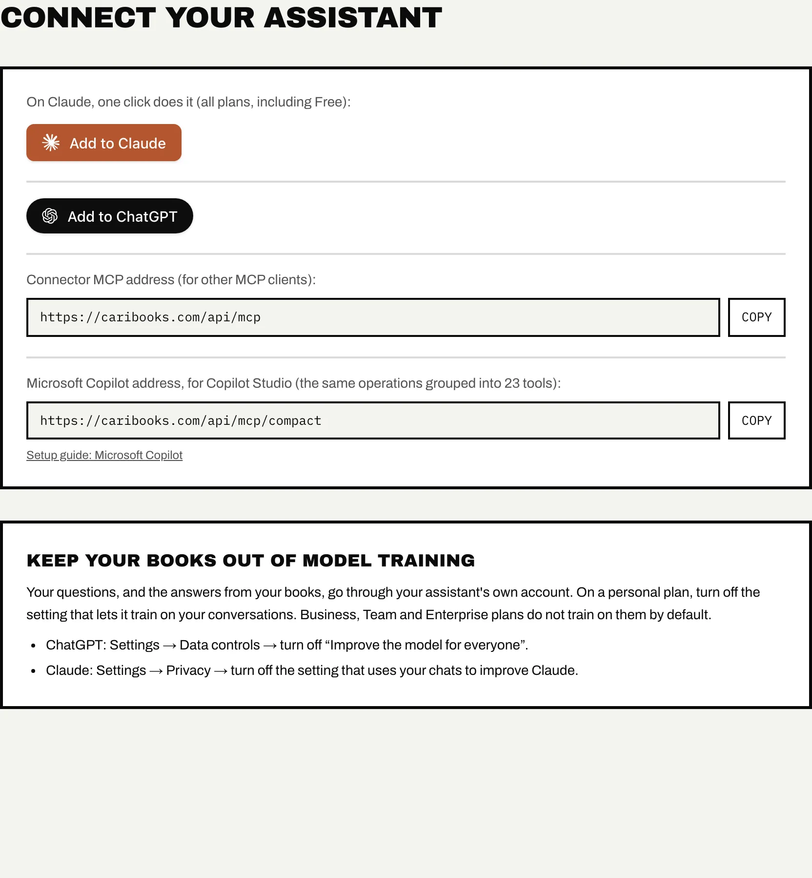 Settings → AI assistant: the buttons and addresses to add Caribooks