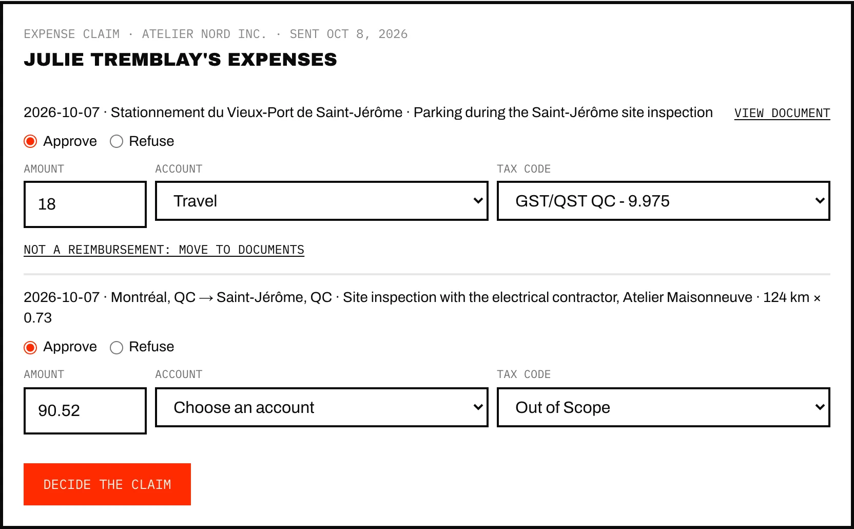 An expense claim waiting in Approvals