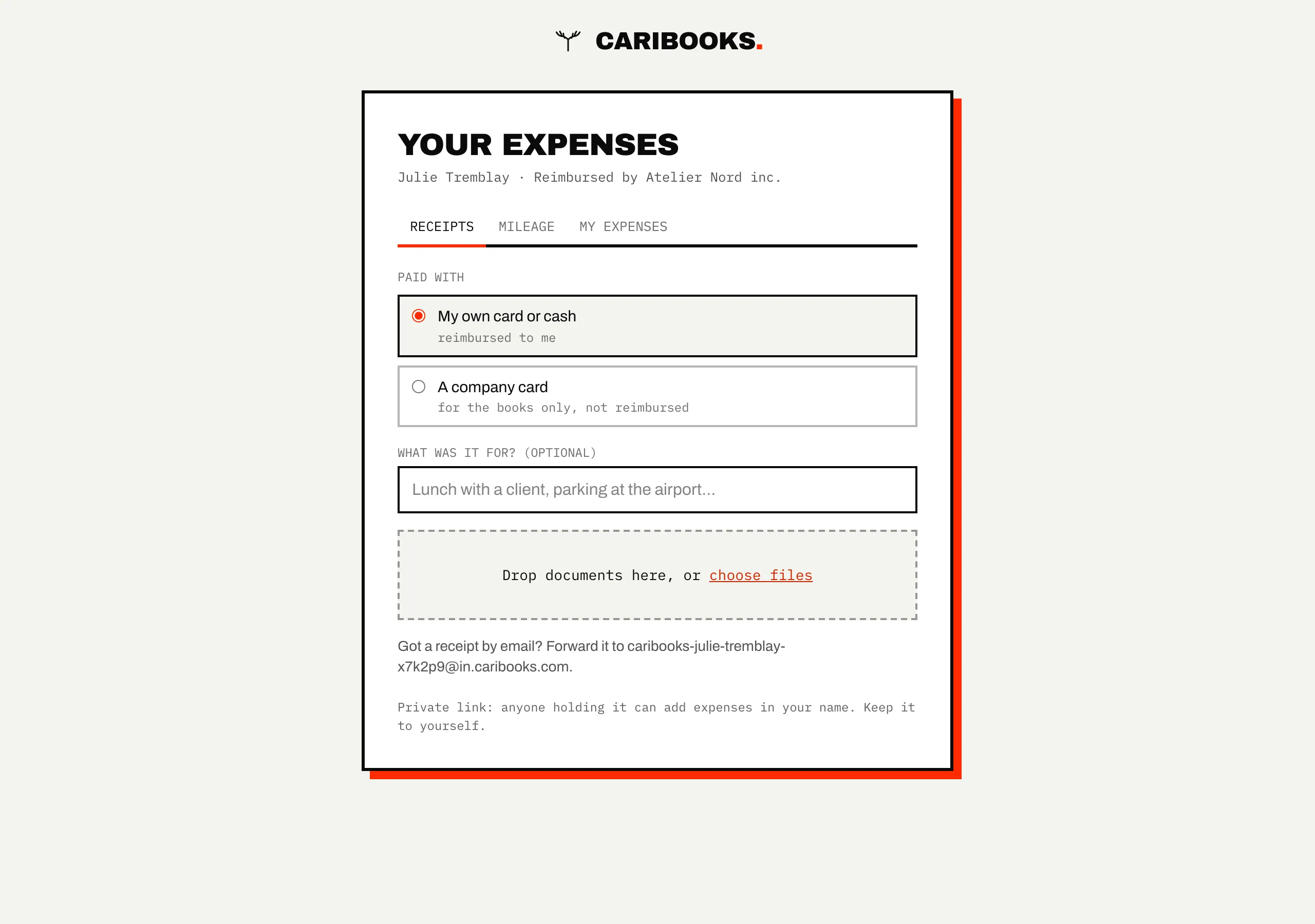 A claimant's own page for receipts and mileage
